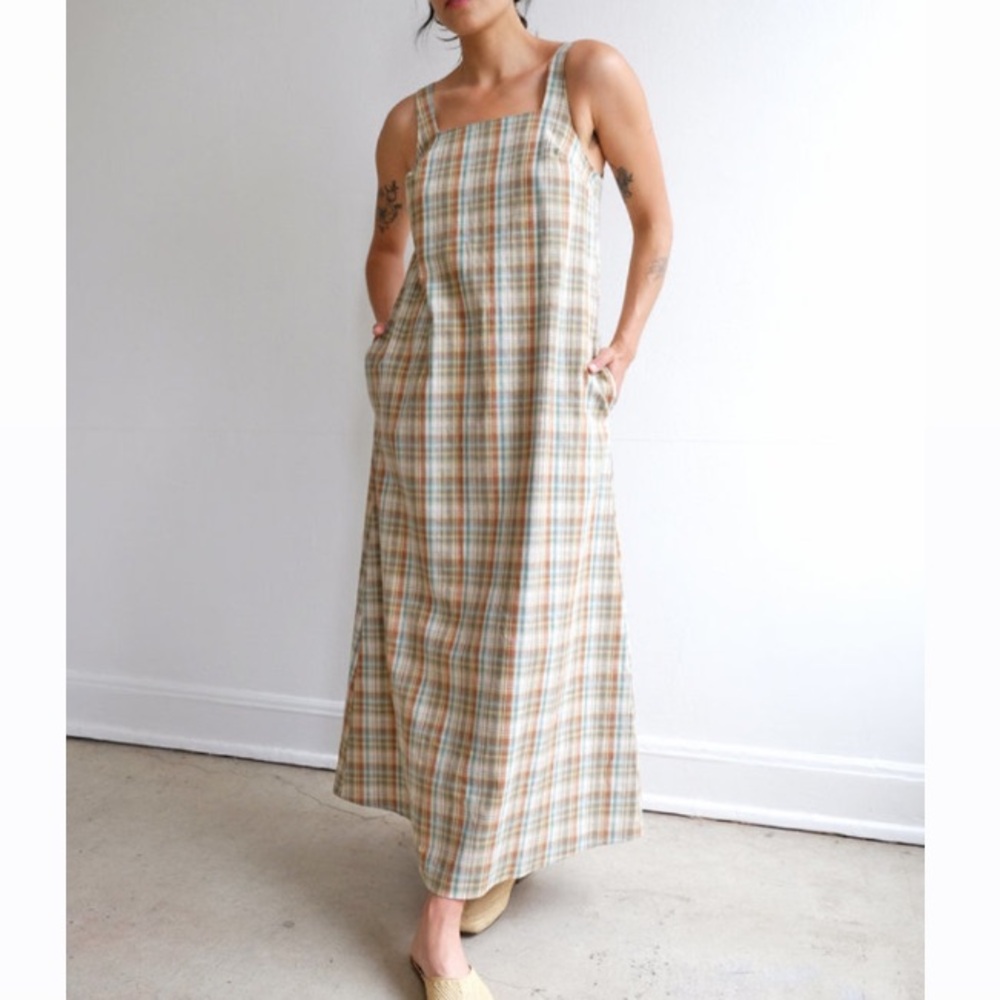Town Clothes La Playa Sleeveless Maxi Dress Green Brown Prairie Plaid Vintage